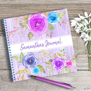Carnet Aquarelle fleurie violet bois rustique carré perso