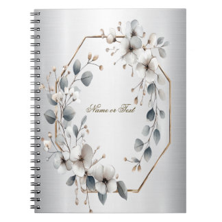 Carnet Aquarelle Fleurs blanches Cadre doré Argent Turquo