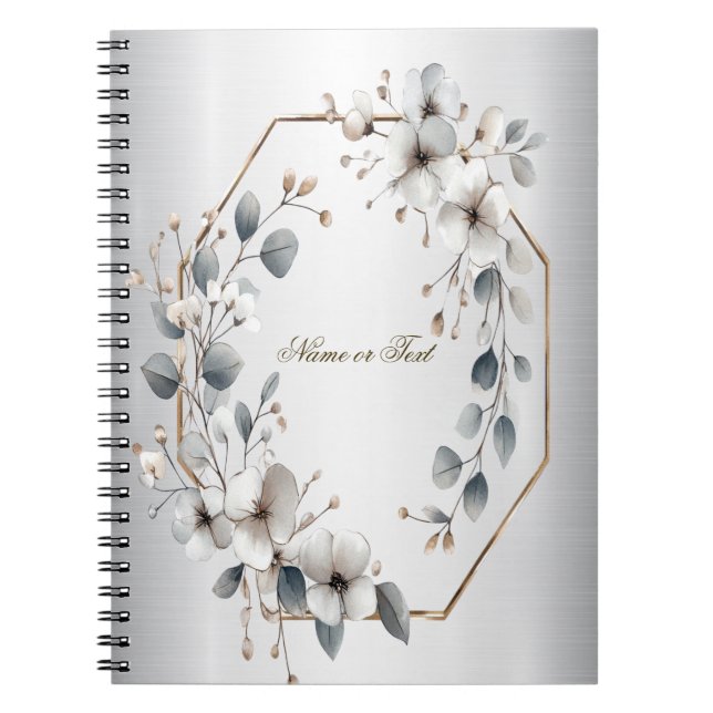 Carnet Aquarelle Fleurs blanches Cadre doré Argent Turquo (Devant)