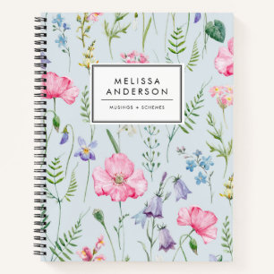 Carnet Aquarelle Fleurs délicates Foliage Motif bleu