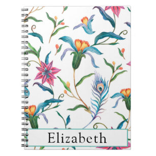 Carnet Aquarelle Fleurs et plumes de paon Monogramme