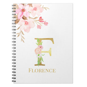Carnet Aquarelle Florale et or Lettre F Monogramme