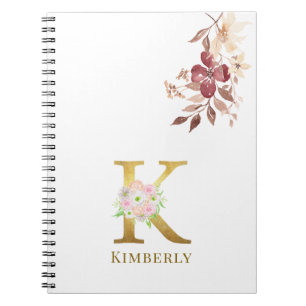 Carnet Aquarelle Florale & Lettre or K Monogramme