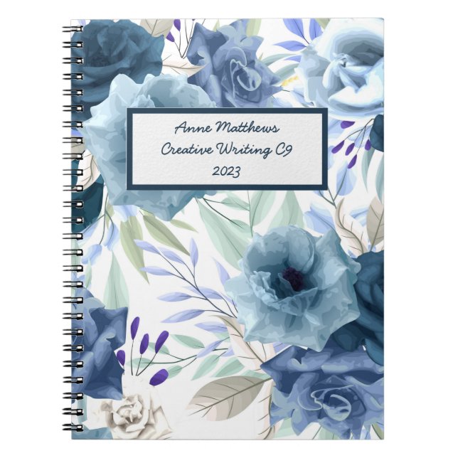 Carnet Aquarelle Florale Rose Marine Poudre Nom bleu (Devant)