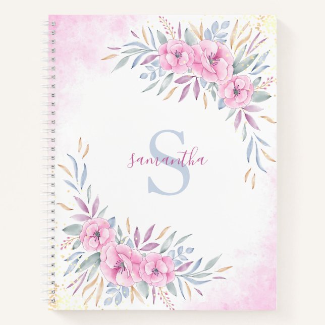 Carnet Aquarelle florale rose monogramme Élégante (Devant)
