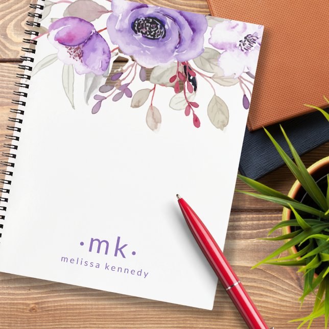 Carnet Aquarelle Florale violet Nom personnalisé Monogram (Créateur téléchargé)