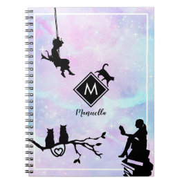Carnet Aquarelle Galaxy Chat et filles Monogramme