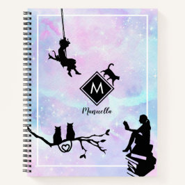 Carnet Aquarelle Galaxy Chat et filles Monogramme Noteboo