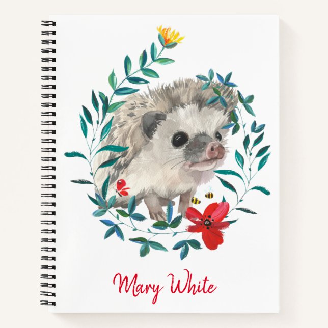 Carnet Aquarelle Hérisson Floral Wreath Personnalisé (Devant)