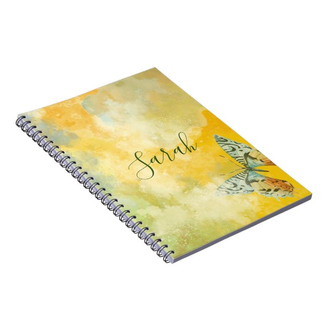 Carnet Aquarelle jaune Monogramme Nom Tie Dye Papillon (Côté Droit)