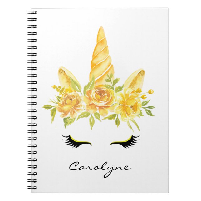 Carnet Aquarelle jaune Unicorne Floral Personnalisé (Devant)