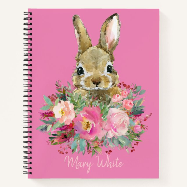 Carnet Aquarelle Lapin Rose Floral Cute Personnalisée (Devant)