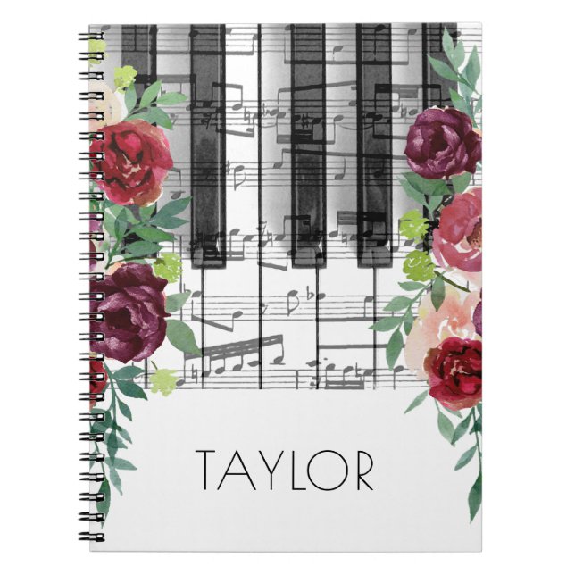 Carnet aquarelle marsala fleurs rouges piano musique (Devant)