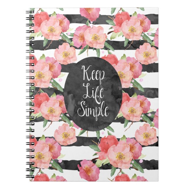 Carnet Aquarelle noire noire blanche rayures rose Floral (Devant)