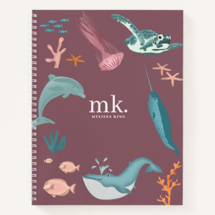 Carnet Aquarelle Océan Animaux de mer Monogramme rose
