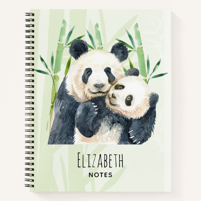 Carnet Aquarelle Panda Ours Maman & Bébé en Bambou (Devant)
