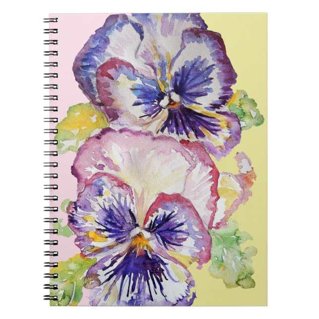Carnet Aquarelle Pansy Motif sur rose et jaune pâle (Devant)