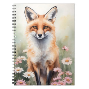 Carnet Aquarelle Peinture Fox avec Fleurs marguerites
