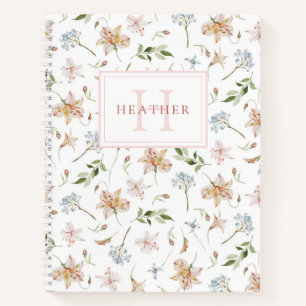 Carnet Aquarelle rose de printemps Nom du monogramme flor