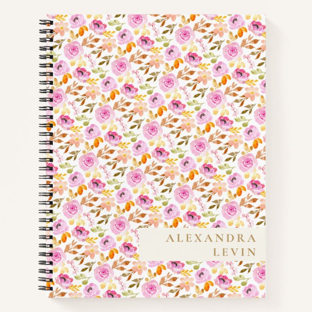 Carnet Aquarelle rose d'été Floral Nom personnalisé  (Devant)
