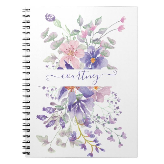 Carnet Aquarelle rose et violet florale personnalisée (Devant)