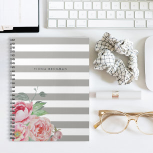 Carnet Aquarelle rose Peony et Gris Stripe