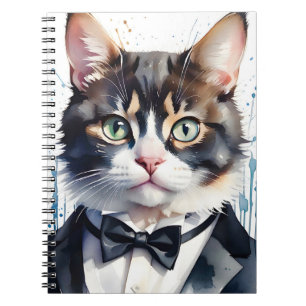 Carnet Aquarelle Tabby Cat dans une Cravate Tuxedo et Bla