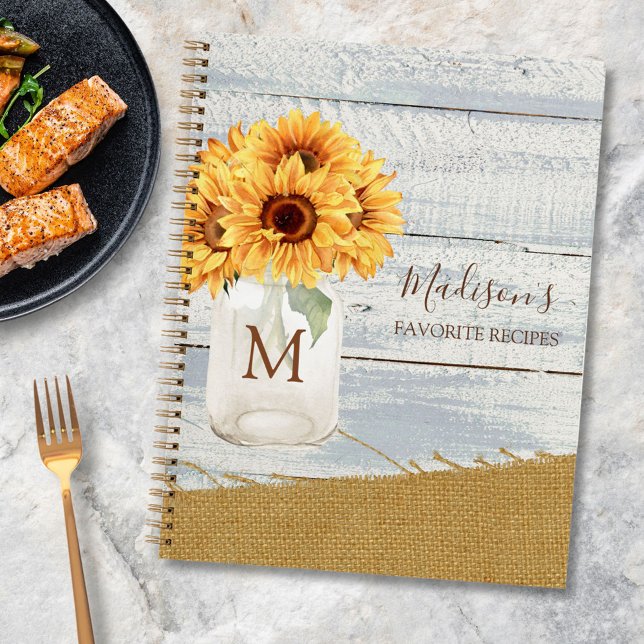 Carnet Aquarelle Tournesol Mason Jar Shabby Wood Recette (In situ)