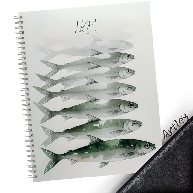 Carnet Aquarelle verte Sardine Art Personnalisé Nom du mo (Créateur téléchargé)