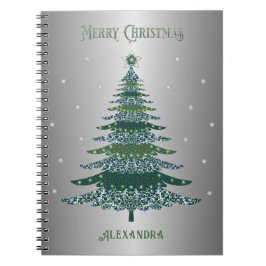 Carnet Arbre de Noël vert Nom personnalisé Argent