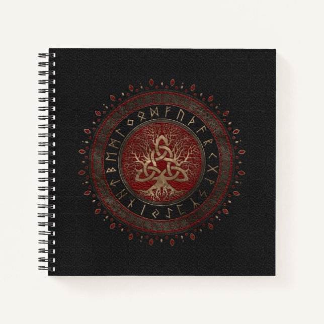 Carnet Arbre de vie avec Triquetra Black Rouge cuir (Devant)