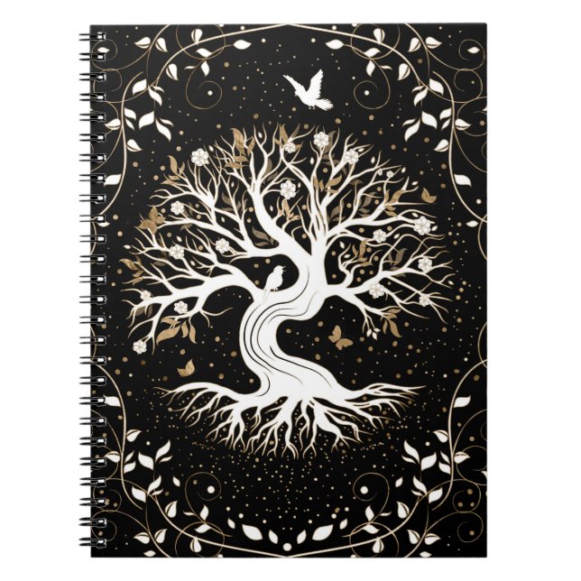 Carnet Arbre de vie - Yggdrasil - noir blanc et or (Devant)