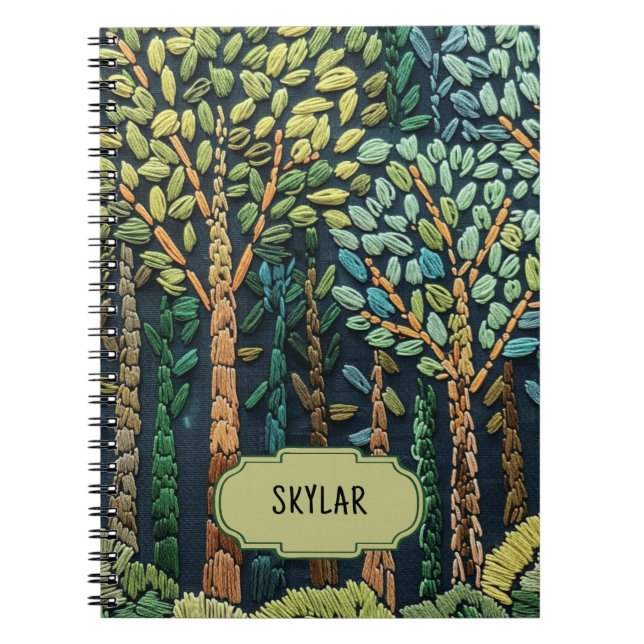 Carnet Arbres brodés verts Feuille Nature Forêt Bleu (Devant)