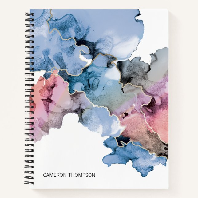 Carnet Art Abstrait Encres d'alcool bleu rose personnalis (Devant)