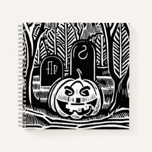 Carnet Art de cimetière de citrouille d'Halloween noir bl