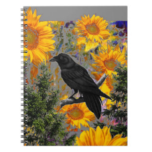 Carnet art noir de corneille et de tournesols