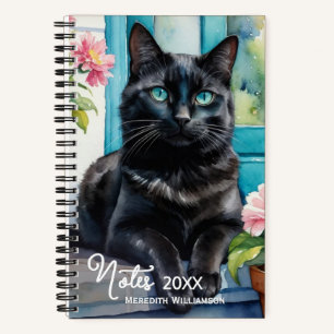 Carnet Art personnalisé à l'aquarelle de chat noir élégan