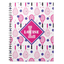 Carnet Avec nom & initiale, raquettes de tennis rose & vi