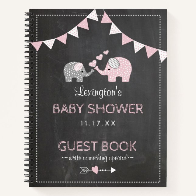 Carnet Baby shower Chalkboard Eléphants Rose | (Devant)