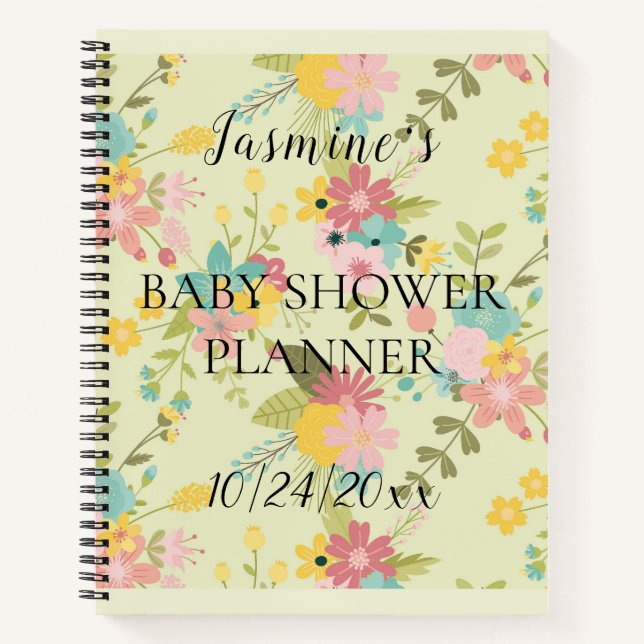 Carnet Baby shower personnalisé de fleurs vert rose jaune (Devant)
