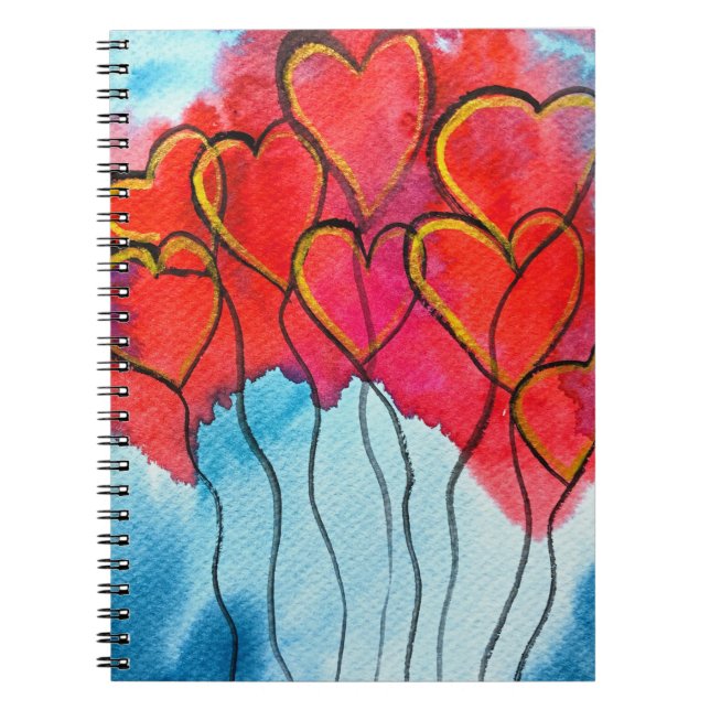 Carnet Ballons de coeur rouge Valentine aquarelle (Devant)