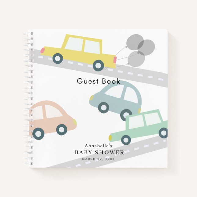 Carnet Ballons de voiture jaune Baby shower blanc (Devant)