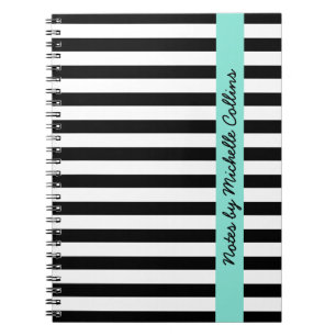 Carnet Bandes blanches et noires aqua nom personnalisé