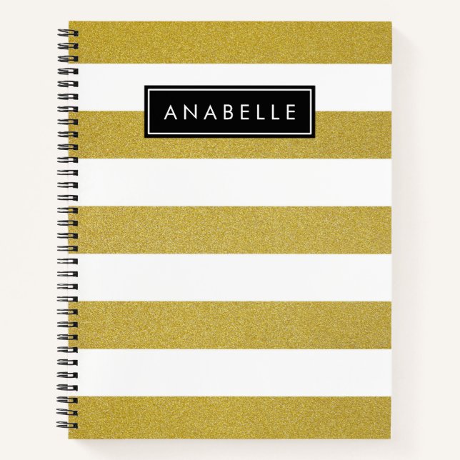 Carnet Bandes d'or, Motif rayé, Lignes, Votre Nom (Devant)