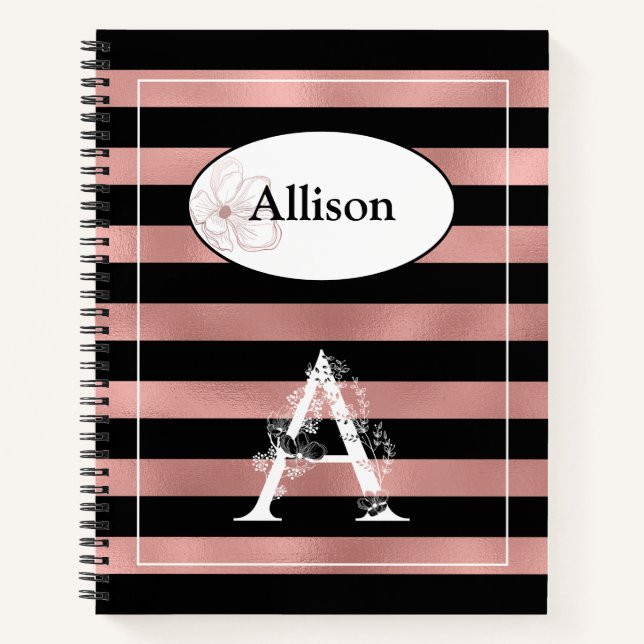 Carnet Bandes d'or Rose personnalisées avec A initial (Devant)