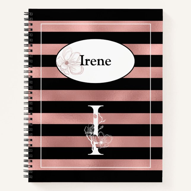 Carnet Bandes d'or Rose personnalisées avec I initial (Devant)