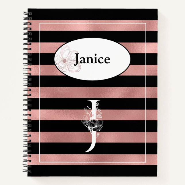 Carnet Bandes d'or Rose personnalisées avec J initial (Devant)