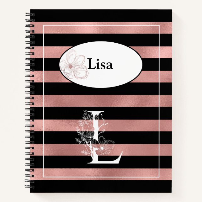 Carnet Bandes d'or Rose personnalisées avec L initial (Devant)