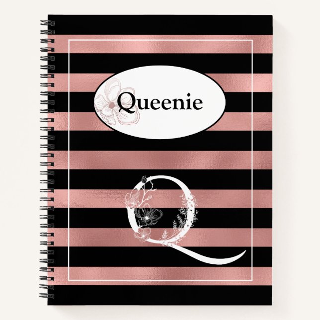 Carnet Bandes d'or Rose personnalisées avec Q initial (Devant)