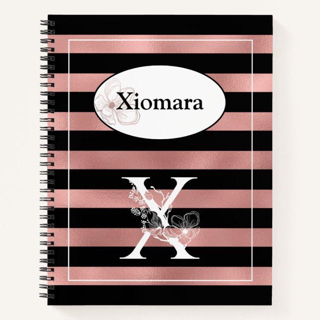 Carnet Bandes d'or Rose personnalisées avec X initial (Devant)